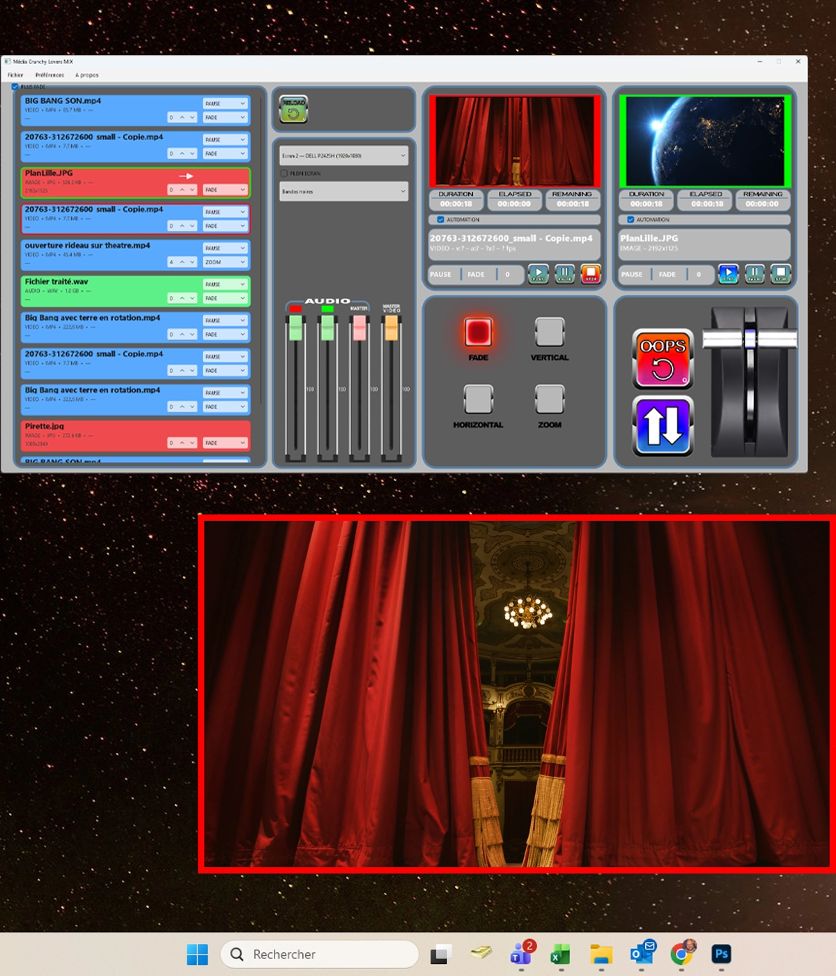 Media Crunchy Lover — interface du logiciel de mixage vidéo pour le spectacle
